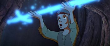 Movie still from “The Black Cauldron” (1985), directed by Ted Berman – An animated picture of a man with his hands up; Medium shot, Low angle