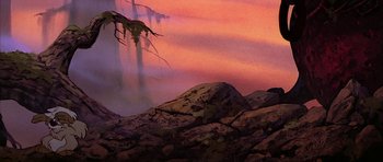 Movie still from “The Black Cauldron” (1985), directed by Ted Berman – A painting of a tree and a cliff; Wide shot, Low angle