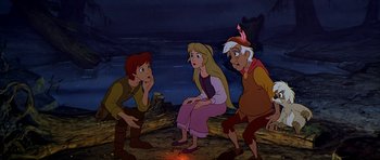Movie still from “The Black Cauldron” (1985), directed by Ted Berman – A group of people standing next to each other on a field; Wide shot, High angle