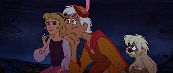 Movie still from “The Black Cauldron” (1985), directed by Ted Berman – A man and a woman are looking at something; Medium shot, Over the shoulder angle