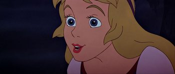 Movie still from “The Black Cauldron” (1985), directed by Ted Berman – A girl's face in a computer animation; Close Up shot, Low angle