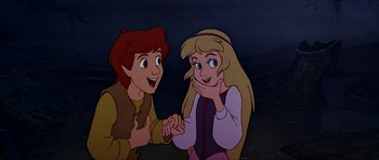 Movie still from “The Black Cauldron” (1985), directed by Ted Berman – A couple of people that are holding hands; Medium shot, High angle