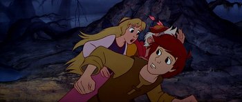 Movie still from “The Black Cauldron” (1985), directed by Ted Berman – Two animated characters are in the middle of a scene; Medium shot, High angle