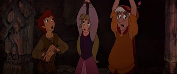 Movie still from “The Black Cauldron” (1985), directed by Ted Berman – A group of people standing next to each other in a room; Medium shot, Low angle