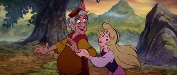 Movie still from “The Black Cauldron” (1985), directed by Ted Berman – An old man and a young girl are in a forest; Medium shot, Low angle