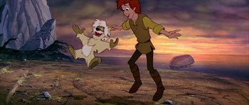 Movie still from “The Black Cauldron” (1985), directed by Ted Berman – A man and a dog are running in a field; Wide shot, Low angle