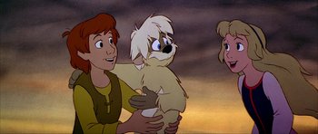 Movie still from “The Black Cauldron” (1985), directed by Ted Berman – A man and a woman holding a white dog; Medium shot, Over the shoulder angle