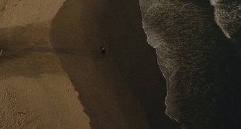 Movie still from “The Black Stallion” (1979), directed by Carroll Ballard – Two people walking on the beach near the ocean; Extreme Wide shot, Overhead angle