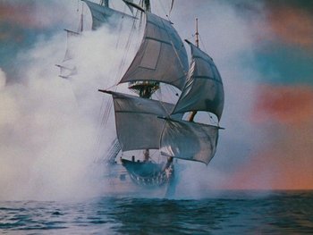 Movie still from “The Black Swan” (1942), directed by Henry King – A painting of an old sailing ship in the ocean; Extreme Wide shot, Low angle