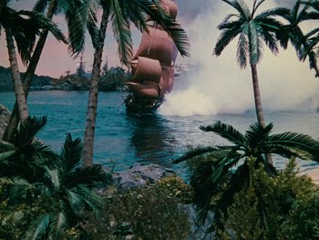 Movie still from “The Black Swan” (1942), directed by Henry King – A pirate ship in the water; Extreme Wide shot, High angle