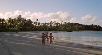 Movie still from “The Blue Lagoon” (1980), directed by Randal Kleiser – A group of people walking along a beach; Extreme Wide shot, High angle