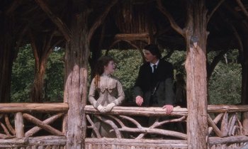 Movie still from “The Bostonians” (1984), directed by James Ivory – A man and a woman standing on a wooden bench; Wide shot, Low angle