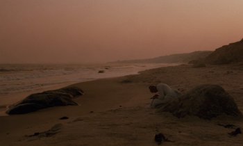Movie still from “The Bostonians” (1984), directed by James Ivory – A man kneeling on the beach near the ocean; Extreme Wide shot, High angle