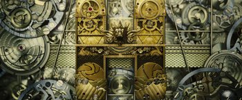 Movie still from “The Boy” (2016), directed by William Brent Bell – An artistic picture of a clock and some gears; Extreme Close Up shot, Overhead angle