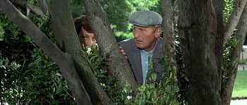 Movie still from “The Brain” (1969), directed by Gérard Oury – A man and a woman hiding behind a tree; Medium shot, Low angle