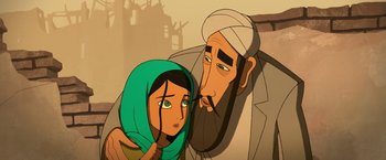 Movie still from “The Breadwinner” (2017), directed by Nora Twomey – An animated scene of a man and a woman; Close Up shot, Low angle