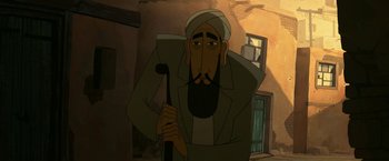 Movie still from “The Breadwinner” (2017), directed by Nora Twomey – An animated man with a beard holding a cane; Close Up shot, Low angle