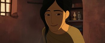 Movie still from “The Breadwinner” (2017), directed by Nora Twomey – An animated picture of a man with long hair; Close Up shot, Over the shoulder angle