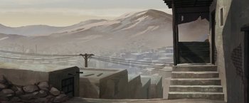 Movie still from “The Breadwinner” (2017), directed by Nora Twomey – An illustration of a city with a mountain in the background; Extreme Wide shot, Low angle