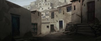 Movie still from “The Breadwinner” (2017), directed by Nora Twomey – An artistic drawing of a street with a lot of windows; Extreme Wide shot, High angle