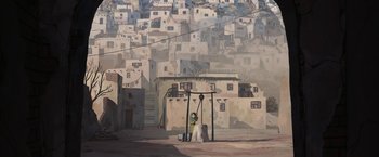 Movie still from “The Breadwinner” (2017), directed by Nora Twomey – An oil painting of a man hanging from a pole; Extreme Wide shot, Low angle