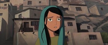 Movie still from “The Breadwinner” (2017), directed by Nora Twomey – An animated picture of a woman with a blue headscarf; Close Up shot, Over the shoulder angle