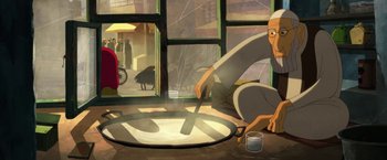 Movie still from “The Breadwinner” (2017), directed by Nora Twomey – An old man sitting in front of a pan of food; Medium shot, Overhead angle