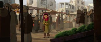 Movie still from “The Breadwinner” (2017), directed by Nora Twomey – An illustration of a woman with a red headscarf; Wide shot, Over the shoulder angle