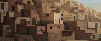 Movie still from “The Breadwinner” (2017), directed by Nora Twomey – An oil painting of an adobe village in the mountains; Extreme Wide shot, Overhead angle