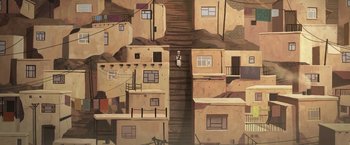 Movie still from “The Breadwinner” (2017), directed by Nora Twomey – A painting of a man walking up a flight of stairs; Extreme Wide shot, Overhead angle