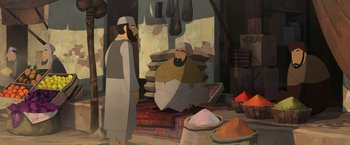 Movie still from “The Breadwinner” (2017), directed by Nora Twomey – Two men are standing in a room with a rug; Wide shot, High angle