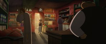 Movie still from “The Breadwinner” (2017), directed by Nora Twomey – Two people standing in a room with a bag of food; Wide shot, Over the shoulder angle