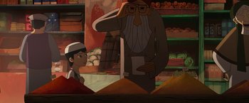 Movie still from “The Breadwinner” (2017), directed by Nora Twomey – An animated scene of a man and a boy; Medium shot, Over the shoulder angle