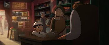 Movie still from “The Breadwinner” (2017), directed by Nora Twomey – An animated scene of a man and a woman; Medium shot, Over the shoulder angle