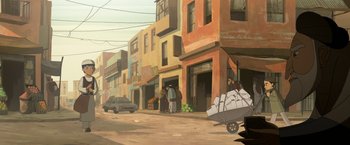 Movie still from “The Breadwinner” (2017), directed by Nora Twomey – An illustration of a street scene with cars parked on the side of the road; Extreme Wide shot, High angle