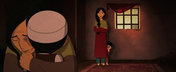 Movie still from “The Breadwinner” (2017), directed by Nora Twomey – An animated scene of a woman and a child; Wide shot, Over the shoulder angle