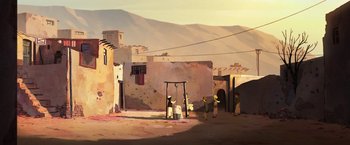 Movie still from “The Breadwinner” (2017), directed by Nora Twomey – An illustration of a street scene with people walking around; Extreme Wide shot, Low angle
