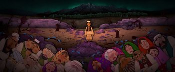 Movie still from “The Breadwinner” (2017), directed by Nora Twomey – An illustration of a person standing in a field; Wide shot, Overhead angle