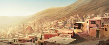 Movie still from “The Breadwinner” (2017), directed by Nora Twomey – An oil painting of a city in the middle of the desert; Extreme Wide shot, Low angle