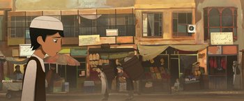 Movie still from “The Breadwinner” (2017), directed by Nora Twomey – A painting of a man carrying a large bag of luggage; Extreme Wide shot, High angle