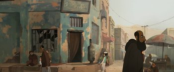 Movie still from “The Breadwinner” (2017), directed by Nora Twomey – A painting of a person standing in front of a building; Wide shot, Low angle