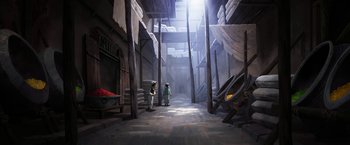 Movie still from “The Breadwinner” (2017), directed by Nora Twomey – Two people standing in an alleyway in an industrial setting; Extreme Wide shot, High angle