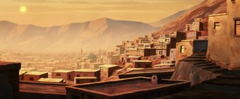 Movie still from “The Breadwinner” (2017), directed by Nora Twomey – An oil painting of a city with a mountain in the background; Extreme Wide shot, High angle