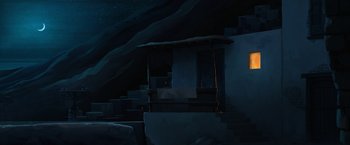 Movie still from “The Breadwinner” (2017), directed by Nora Twomey – A night scene of a house in the dark; Extreme Wide shot, Low angle