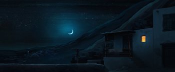 Movie still from “The Breadwinner” (2017), directed by Nora Twomey – A night sky with the moon and stars in the background; Extreme Wide shot, Low angle