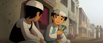 Movie still from “The Breadwinner” (2017), directed by Nora Twomey – A cartoon of a man holding a dollar bill in his hand; Medium shot, Over the shoulder angle
