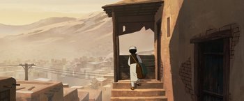Movie still from “The Breadwinner” (2017), directed by Nora Twomey – A painting of a man standing on steps in front of a building; Wide shot, Low angle