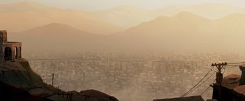 Movie still from “The Breadwinner” (2017), directed by Nora Twomey – An aerial view of a large city in the middle of the day; Extreme Wide shot, Low angle