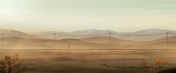 Movie still from “The Breadwinner” (2017), directed by Nora Twomey – An oil well in the middle of a barren desert; Extreme Wide shot, Low angle
