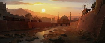 Movie still from “The Breadwinner” (2017), directed by Nora Twomey – An illustration of a city with a sunset in the background; Extreme Wide shot, Low angle